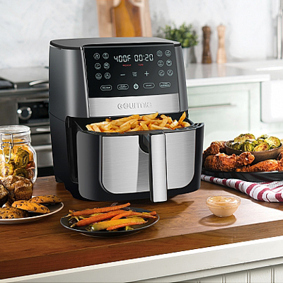 GOURMIA<sup>&reg;</sup> Digital Air Fryer - Spacious capacity with large 8-quart basket. Features include: Fryforce 360 Technology, 12 One Touch Preset Cooking Functions, Dehydrate Function and an Angled Touchscreen with Large Display. The elegant design with stainless steel accents compliments all kitchens. Easy clean up includes nonstick, dishwasher safe basket and crisper tray.